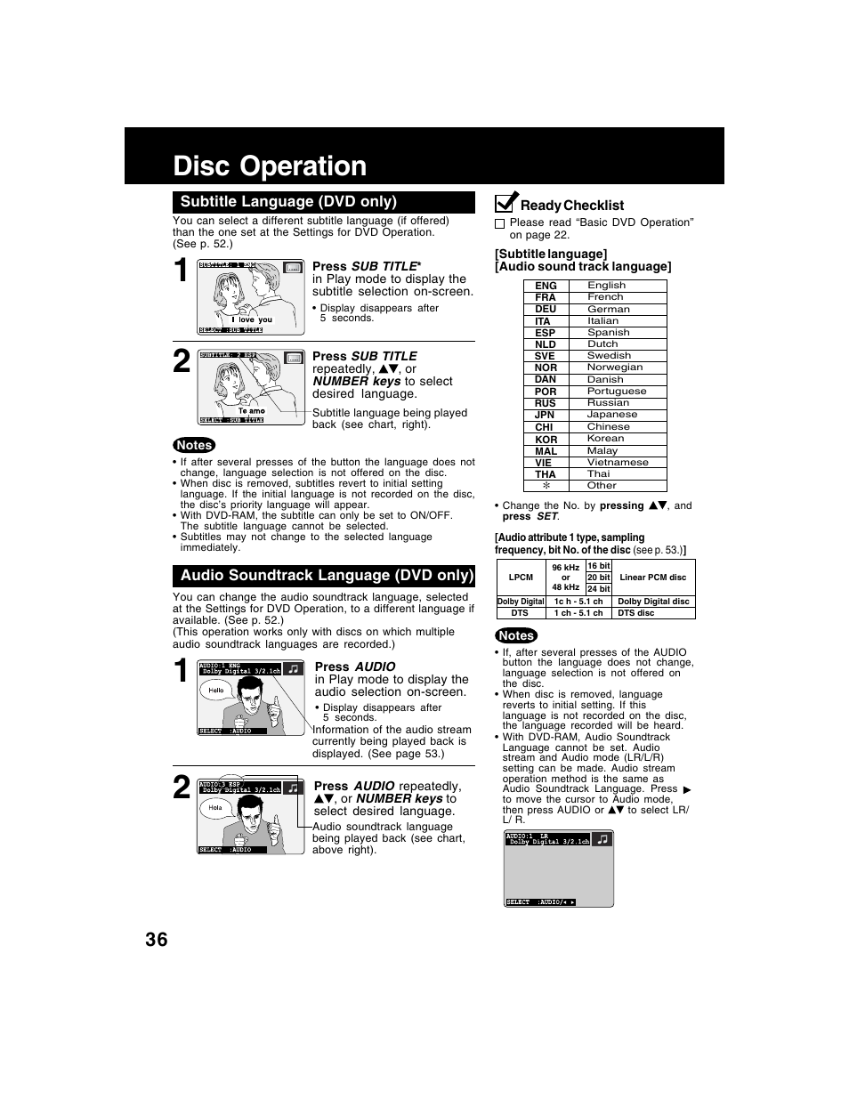 Dvd operation, Disc operation | Panasonic AG-VP320 User Manual | Page 36 / 64