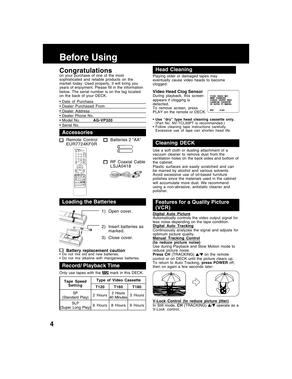 Before using, Record/ playback time accessories, Head cleaning | Features for a quality picture (vcr) cleaning deck, Loading the batteries | Panasonic AG-VP320 User Manual | Page 4 / 64