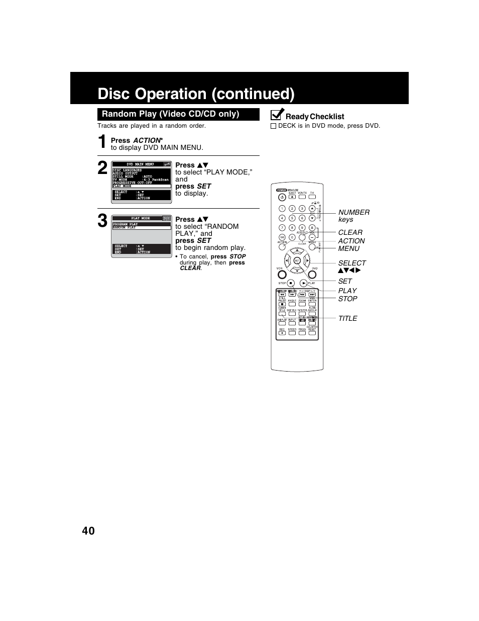 Disc operation (continued) | Panasonic AG-VP320 User Manual | Page 40 / 64