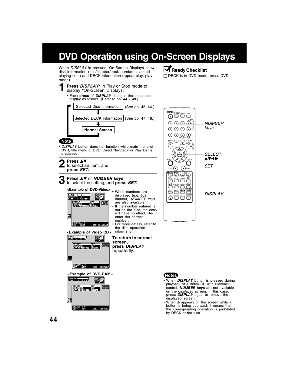 Dvd operation using on-screen displays | Panasonic AG-VP320 User Manual | Page 44 / 64