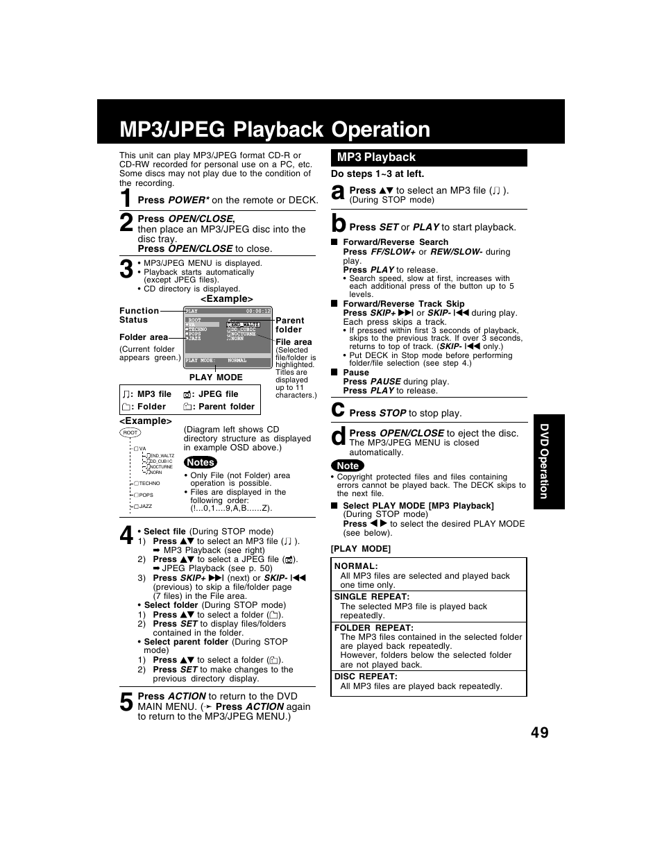 Mp3/jpeg playback operation, A b c d, Mp3 playback | Panasonic AG-VP320 User Manual | Page 49 / 64