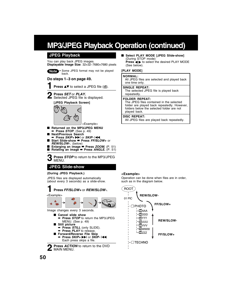 Mp3/jpeg playback operation (continued), Jpeg playback, Jpeg slide-show | Panasonic AG-VP320 User Manual | Page 50 / 64