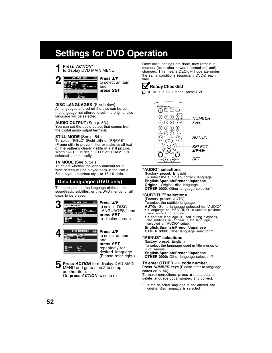 Settings for dvd operation | Panasonic AG-VP320 User Manual | Page 52 / 64