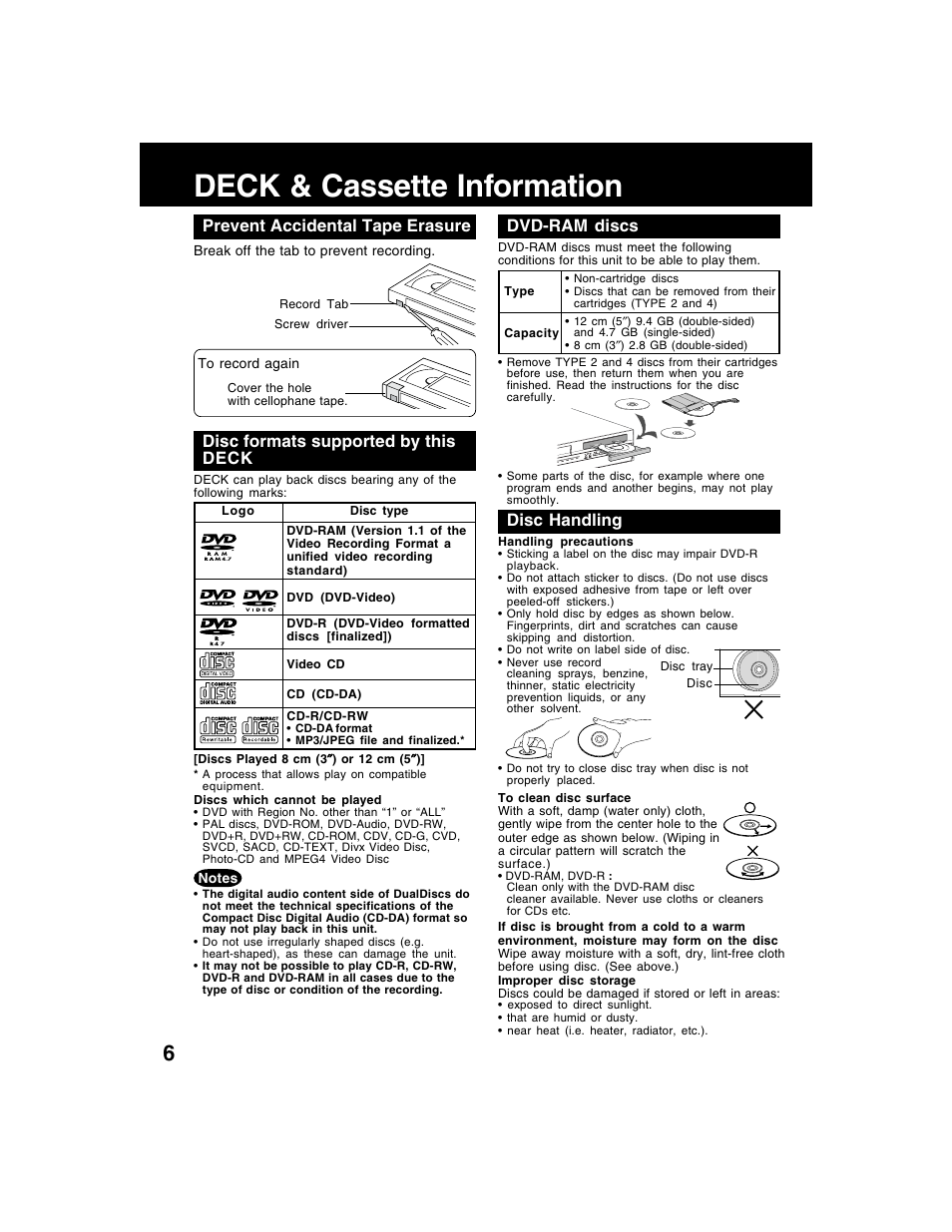 Deck & cassette information, Prevent accidental tape erasure, Dvd-ram discs | Disc handling, Disc formats supported by this deck | Panasonic AG-VP320 User Manual | Page 6 / 64