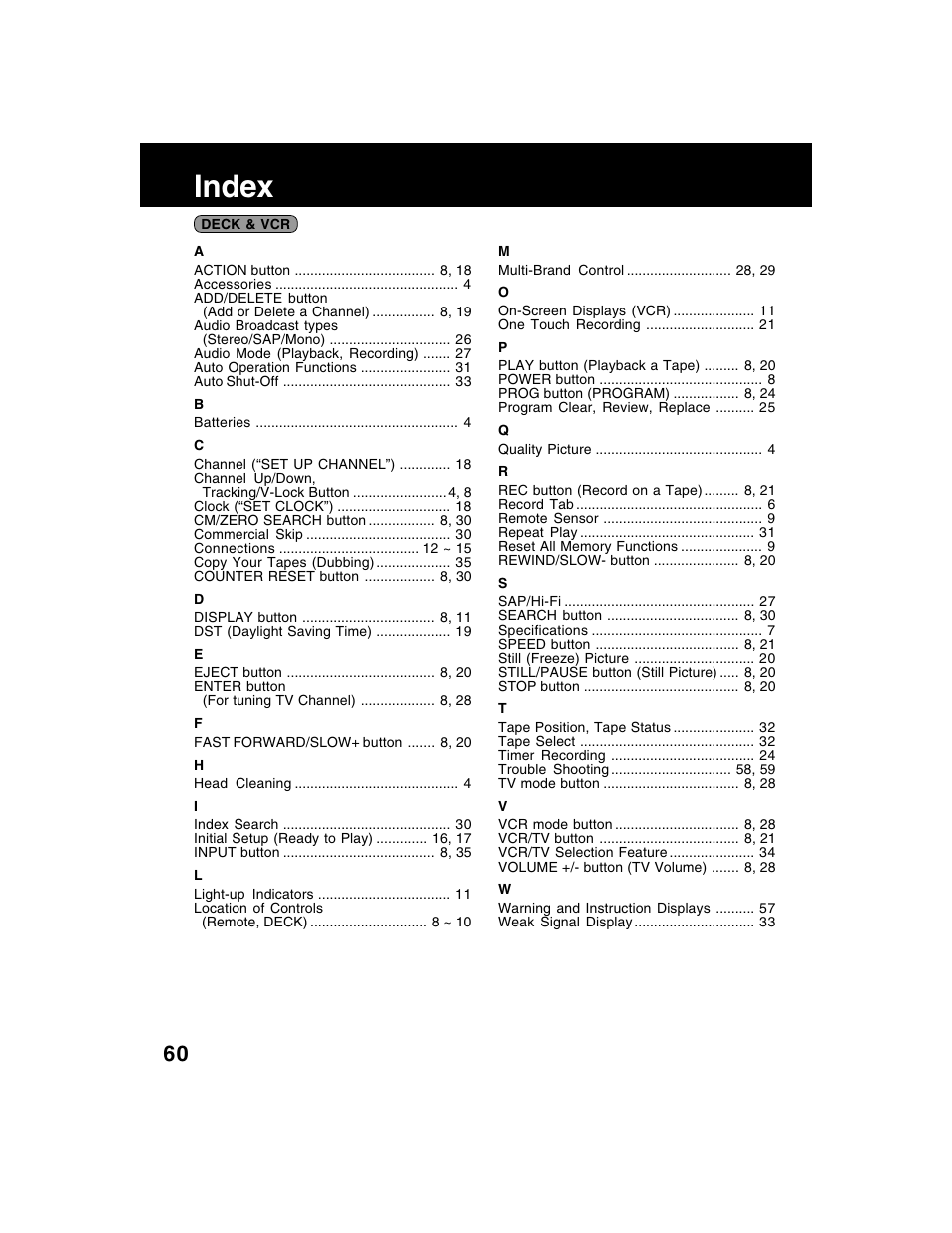 Index | Panasonic AG-VP320 User Manual | Page 60 / 64