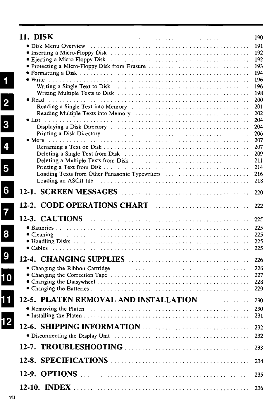 Disk, 1. screen messages, 2. code operations chart | 3. cautions, 4. changing supplies, 5. platen removal and installation, 6. shipping information, 7. troubleshooting, 8. specifications, 9. options | Panasonic KX-E4500 User Manual | Page 10 / 252