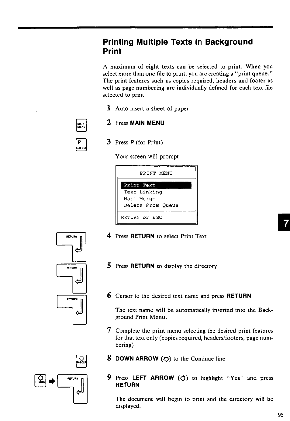 Printing multiple texts in background print, 2 press main menu, Printing a single text in background print | Panasonic KX-E4500 User Manual | Page 105 / 252