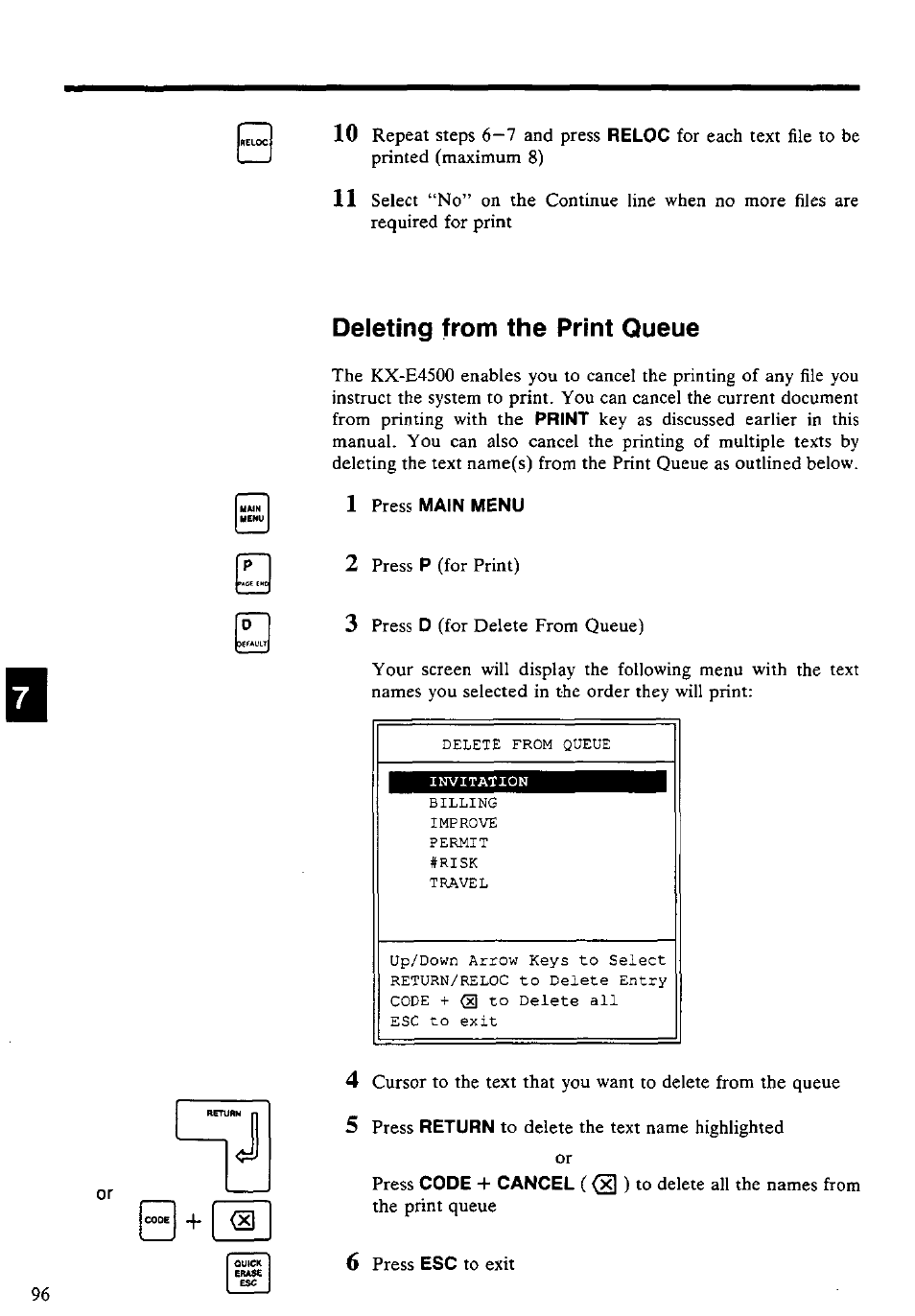 Deleting from the print queue | Panasonic KX-E4500 User Manual | Page 106 / 252