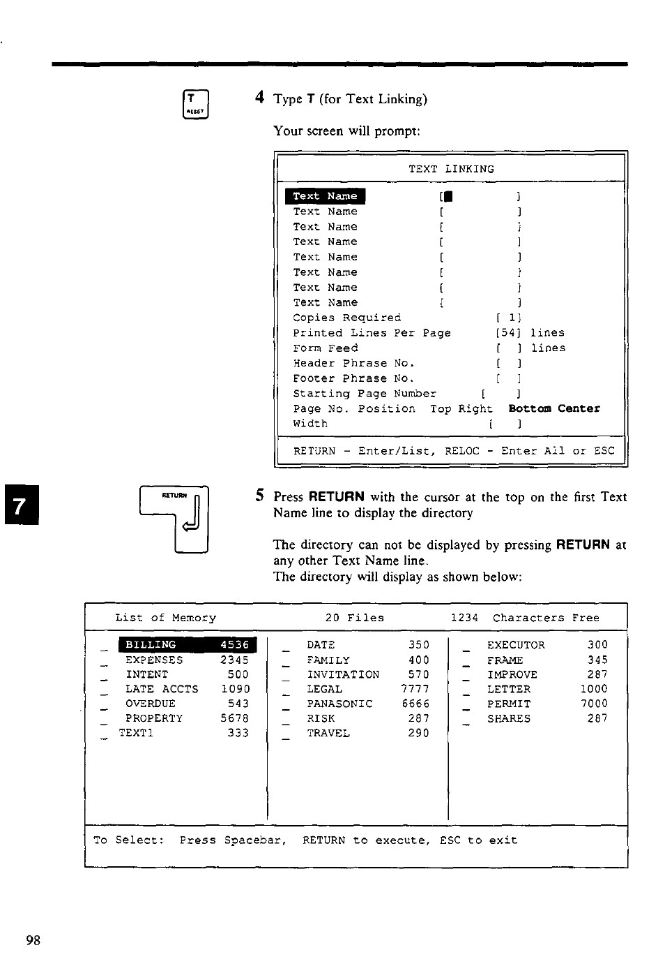 Type, For text linking) your screen will prompt, Press | Panasonic KX-E4500 User Manual | Page 108 / 252