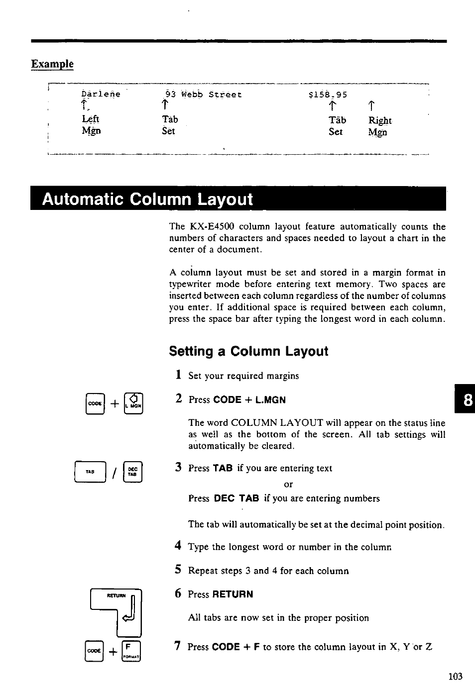 Automatic column layout, Setting a column layout, Setting a column layout 1 | Panasonic KX-E4500 User Manual | Page 113 / 252