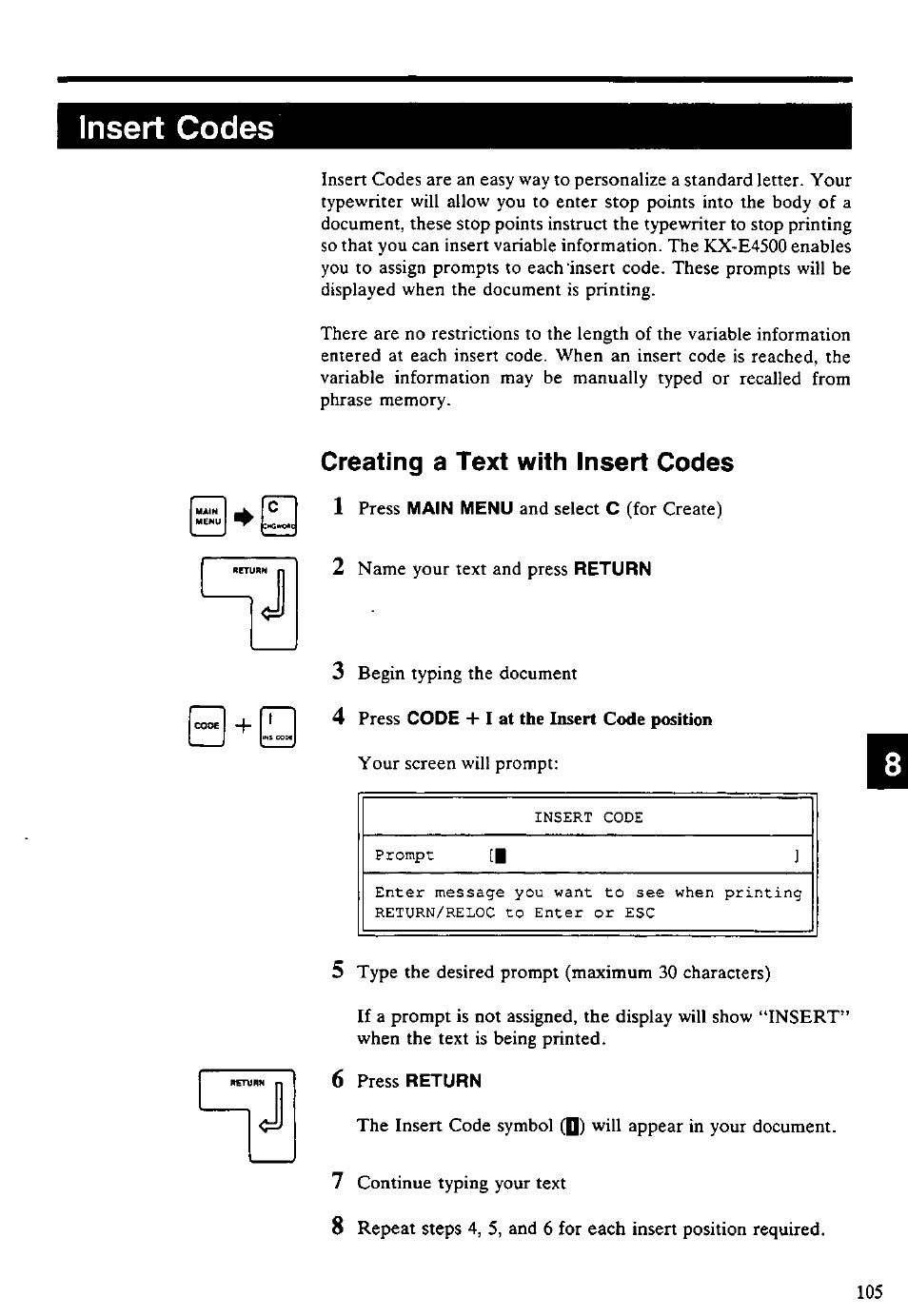 Insert codes, Creating a text with insert codes, 4 press code + i at the insert code position | Creating a text with insert codes 1 | Panasonic KX-E4500 User Manual | Page 115 / 252