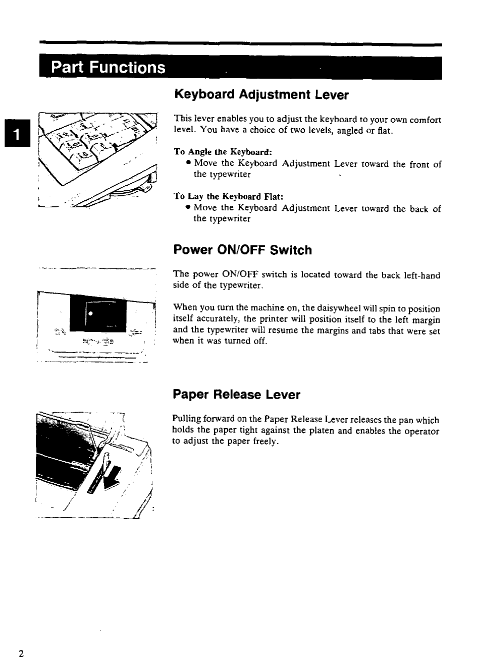 Part functions, Keyboard adjustment lever, Power on/off switch | Paper release lever | Panasonic KX-E4500 User Manual | Page 12 / 252