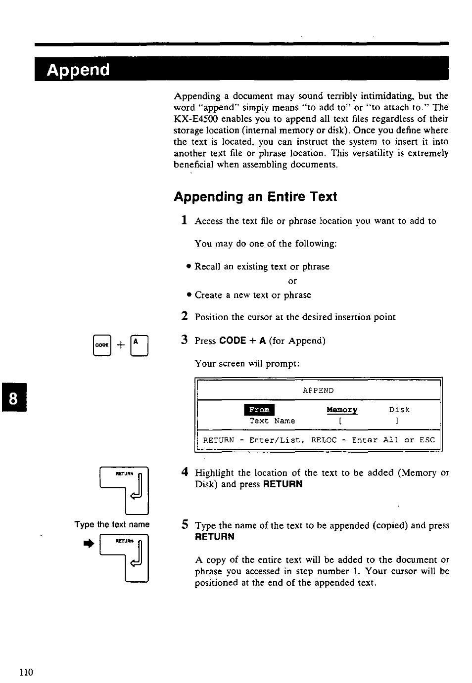 Append, Appending an entire text, Appending an entire text 1 | Panasonic KX-E4500 User Manual | Page 120 / 252