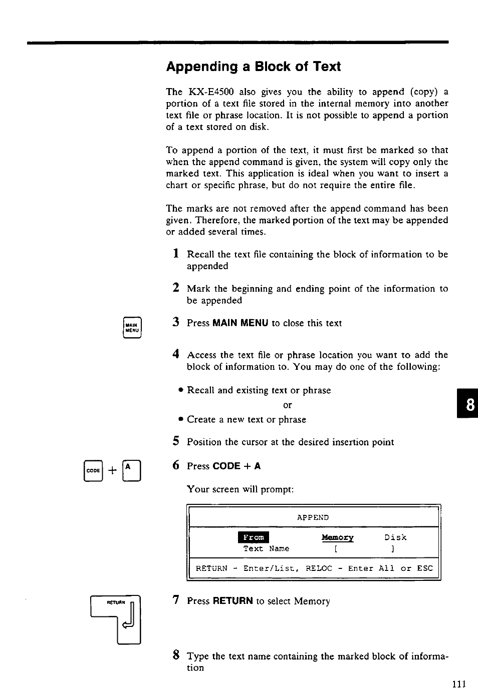 Appending a block of text | Panasonic KX-E4500 User Manual | Page 121 / 252