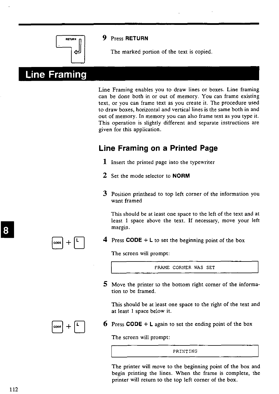 Line framing, 9 press return, Line framing on a printed page 1 | Panasonic KX-E4500 User Manual | Page 122 / 252