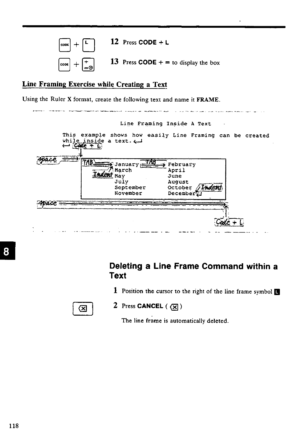 Deleting a line frame command within a text, Line framing exercise while creating a text | Panasonic KX-E4500 User Manual | Page 128 / 252
