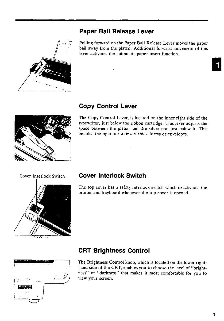 Paper bail release lever, Copy control lever, Cover interlock switch | Crt brightness control | Panasonic KX-E4500 User Manual | Page 13 / 252