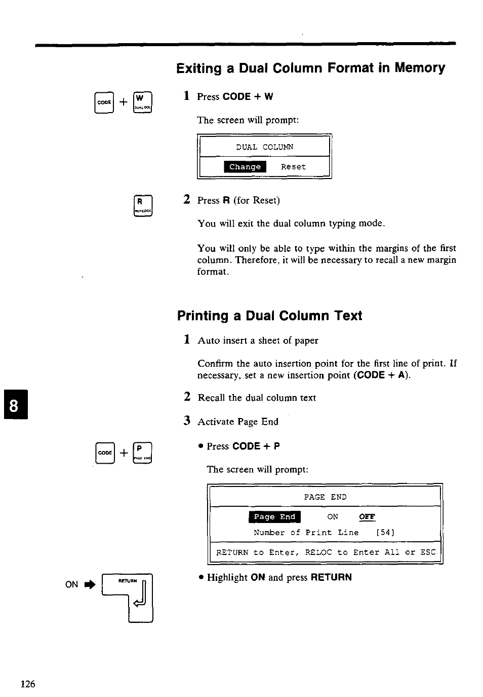 Exiting a dual column format in memory, Printing a dual column text, Printing a dual column text 1 | Panasonic KX-E4500 User Manual | Page 136 / 252