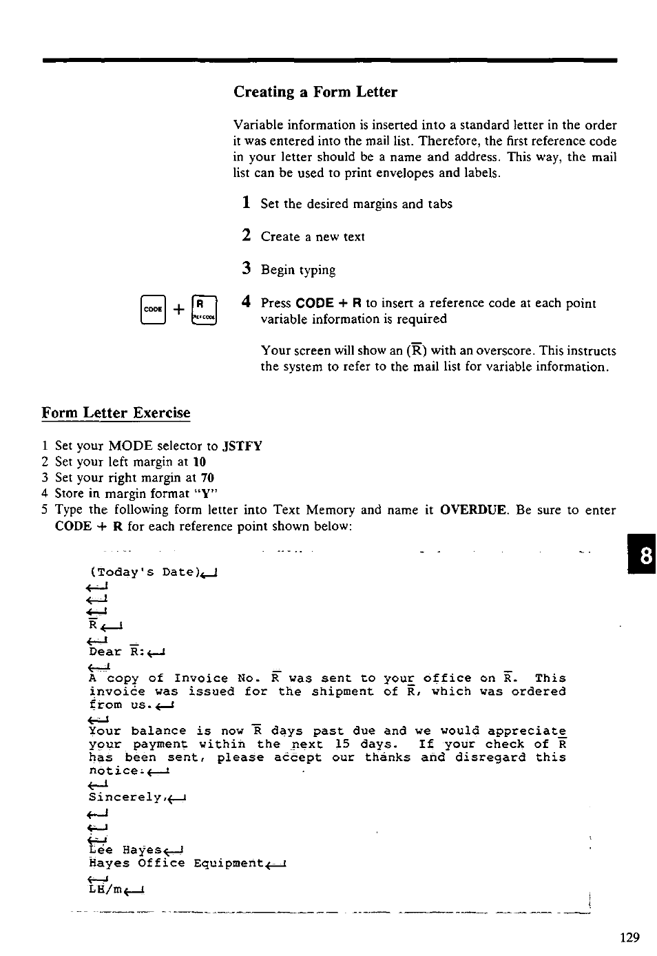 Creating a form letter, Form letter exercise, Set the desired margins and tabs | Create a new text, Begin typing, Press, Lh/m^_i | Panasonic KX-E4500 User Manual | Page 139 / 252