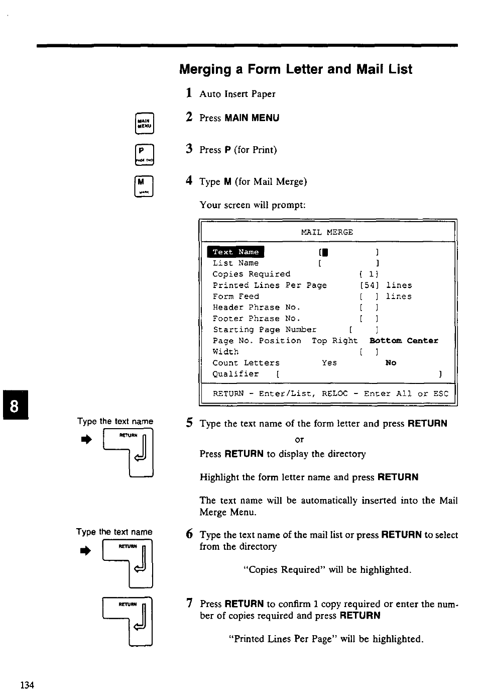 Merging a form letter and mail list, 2 press main menu, Merging a form letter and mail list 1 | Panasonic KX-E4500 User Manual | Page 144 / 252