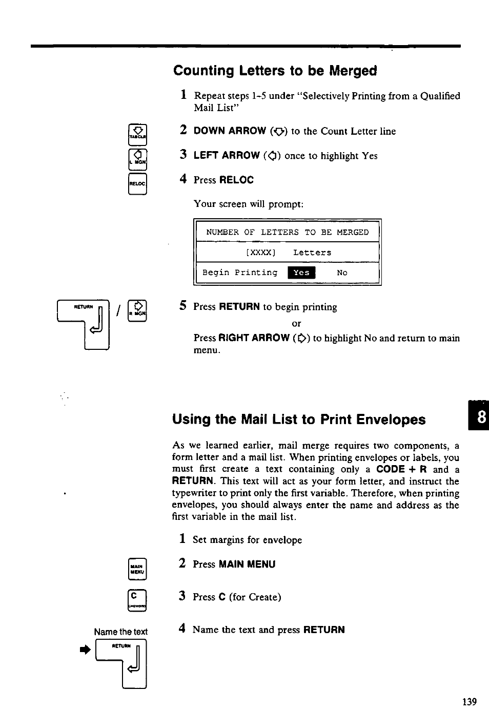 Counting letters to be merged, 4 press reloc, Using the mail list to print envelopes | 2 press main menu | Panasonic KX-E4500 User Manual | Page 149 / 252