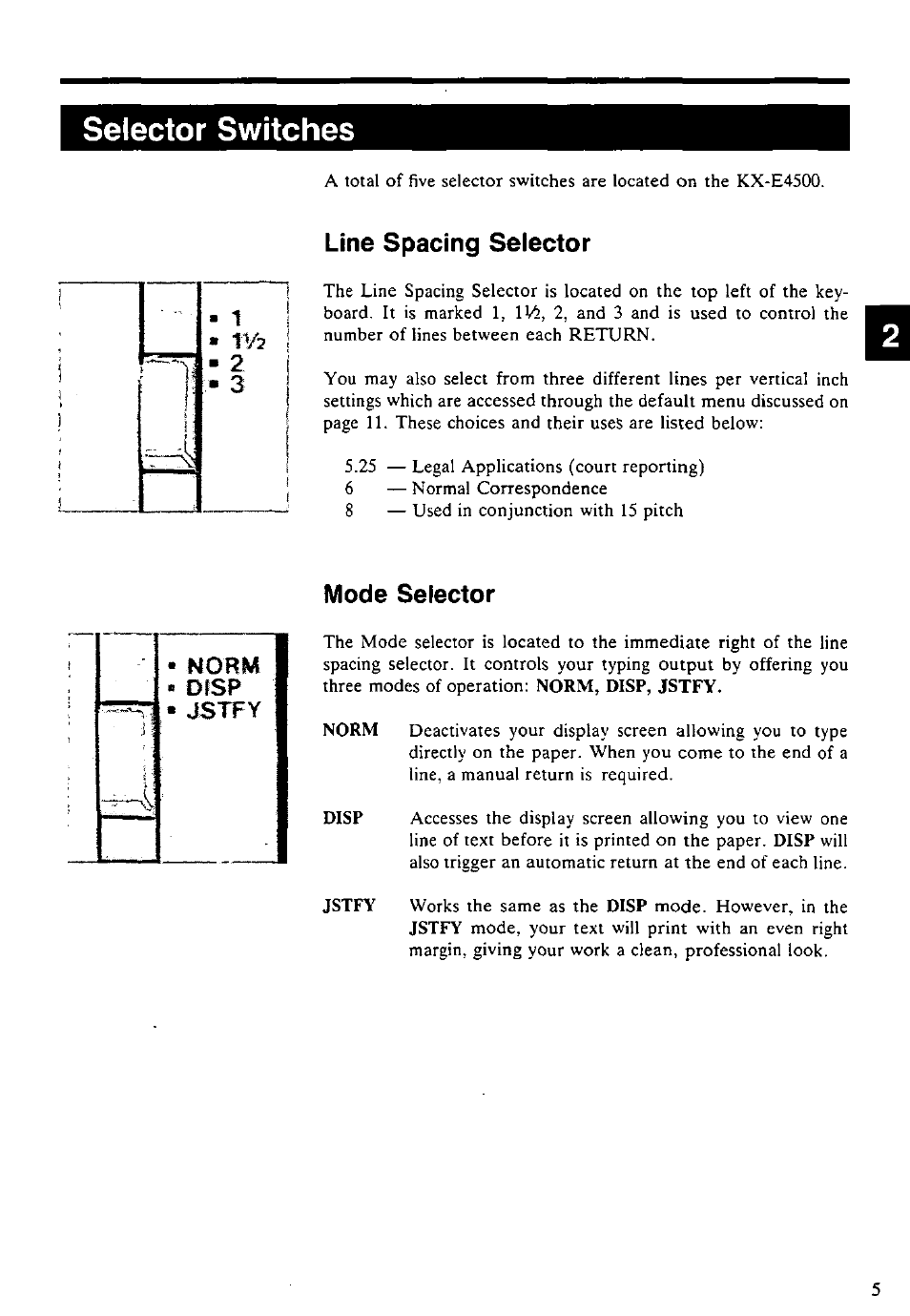 Selector switches, Line spacing selector, Mode selector | Panasonic KX-E4500 User Manual | Page 15 / 252