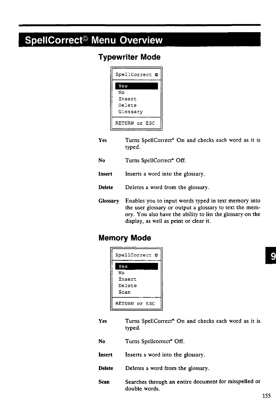 Spellcorrect© menu overview, Typewriter mode, Memory mode | Spellcorrect® menu overview, Typewiter mode | Panasonic KX-E4500 User Manual | Page 165 / 252