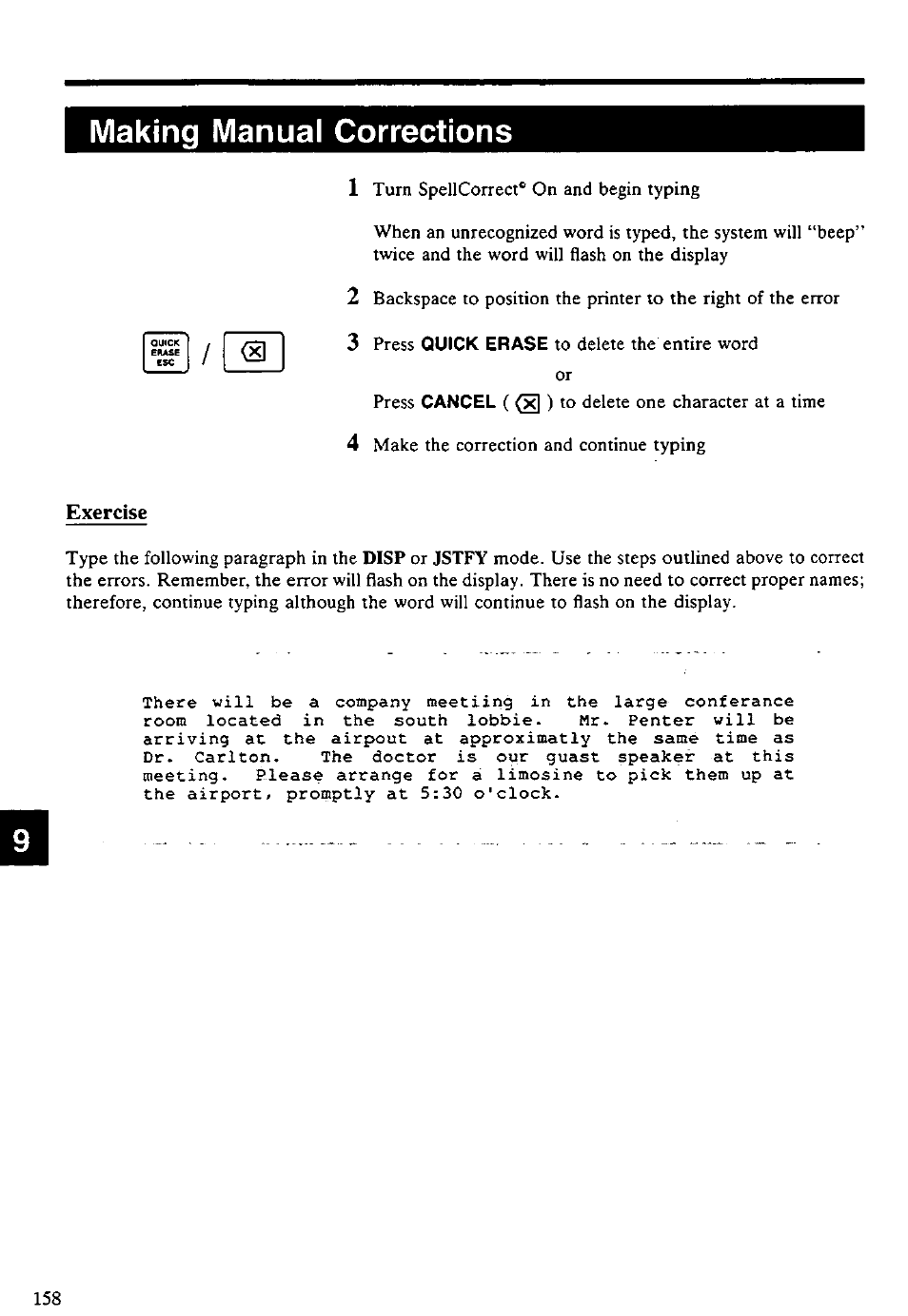 Making manual corrections, El 1, Exercise | Press, Make the correction and continue typing | Panasonic KX-E4500 User Manual | Page 168 / 252