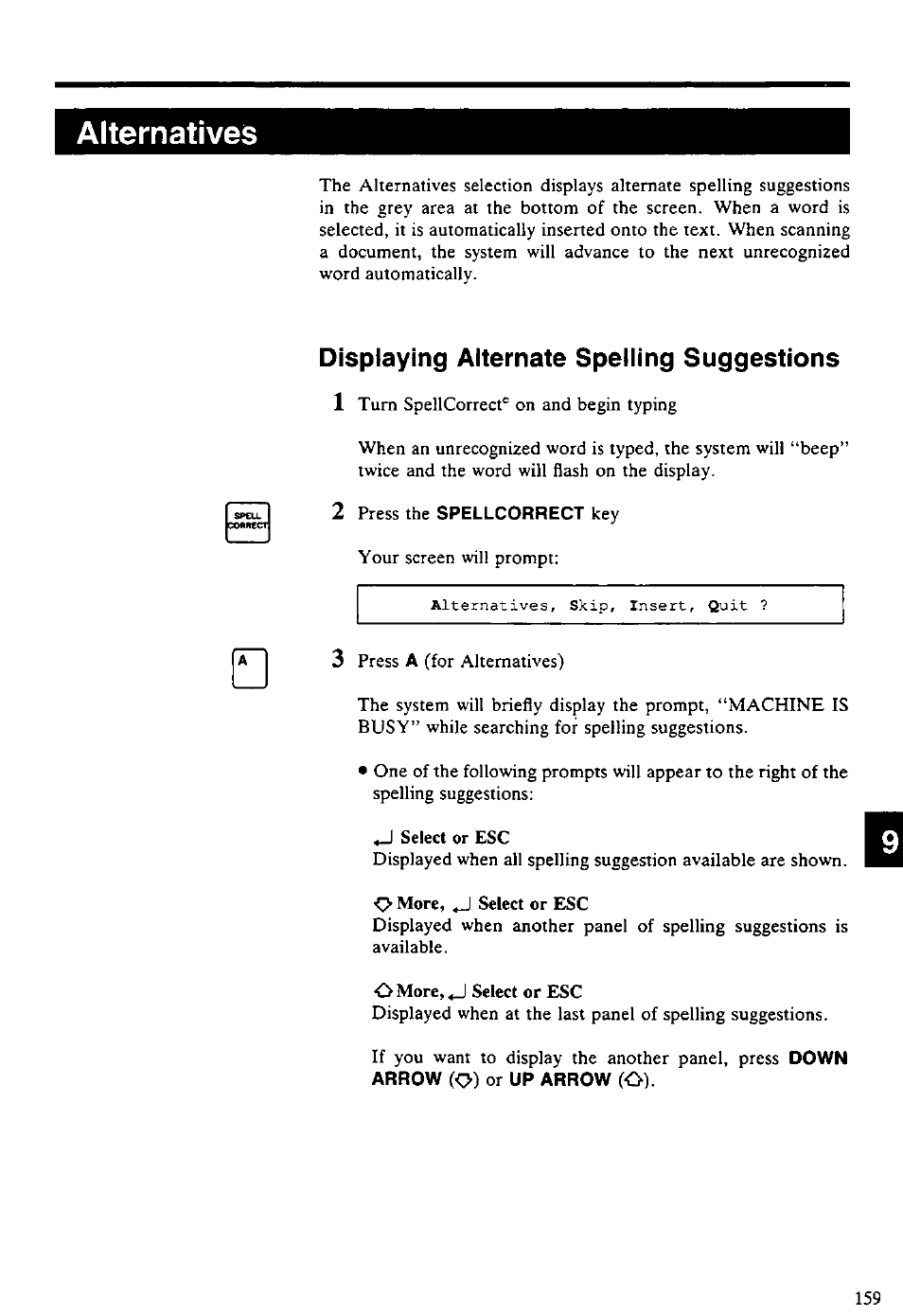 Alternatives, Displaying alternate spelling suggestions, Displaying alternate spelling suggestions 1 | Panasonic KX-E4500 User Manual | Page 169 / 252