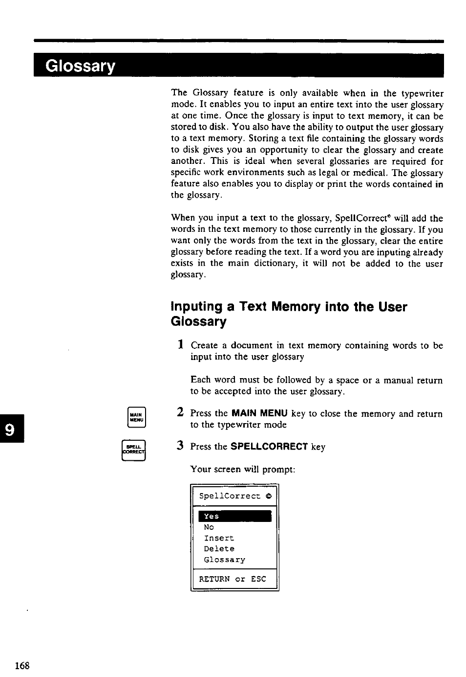 Glossary, Inputing a text memory into the user glossary | Panasonic KX-E4500 User Manual | Page 178 / 252