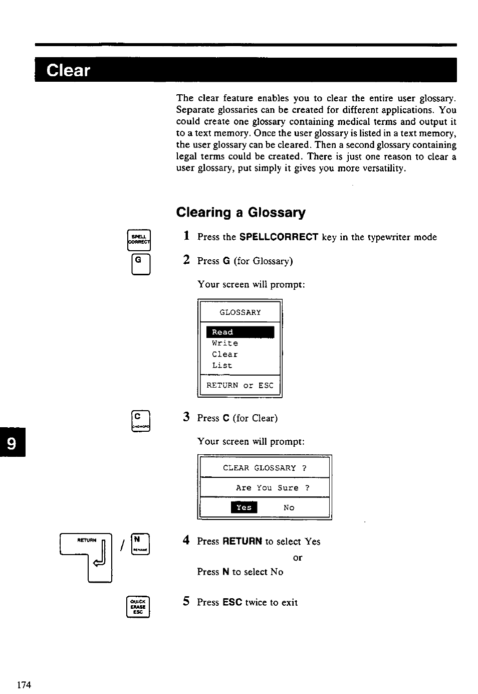 Clear, Clearing a glossary | Panasonic KX-E4500 User Manual | Page 184 / 252