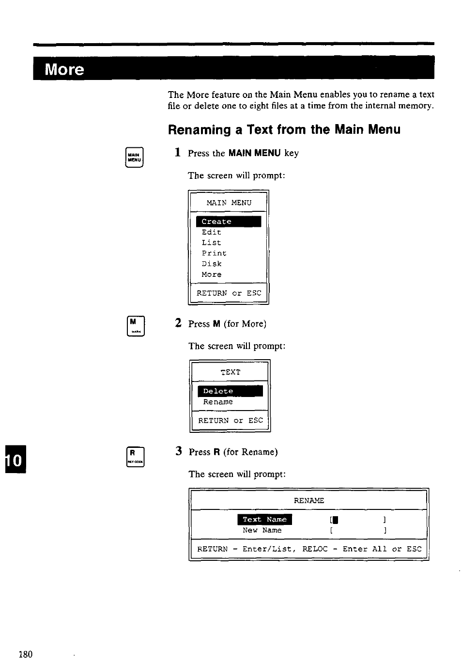 More, Renaming a text from the main menu, Renaming a text from the main menu 1 | Panasonic KX-E4500 User Manual | Page 190 / 252