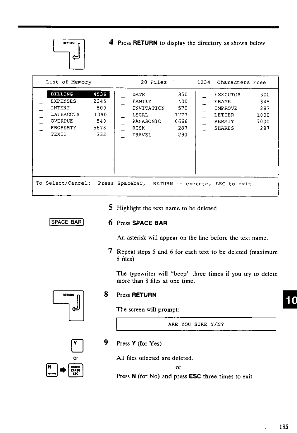 Pin ri, Press, Highlight the text name to be deleted | The screen will prompt, Press y (for yes) | Panasonic KX-E4500 User Manual | Page 195 / 252