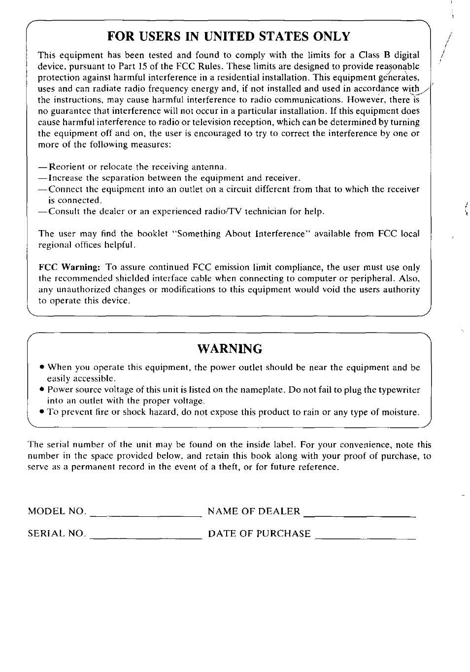 For users in united states only, Warning | Panasonic KX-E4500 User Manual | Page 2 / 252