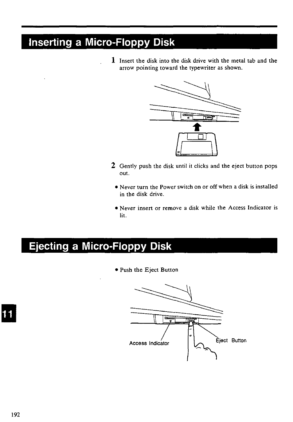 Inserting a micro-floppy disk, Ejecting a micro-floppy disk | Panasonic KX-E4500 User Manual | Page 202 / 252