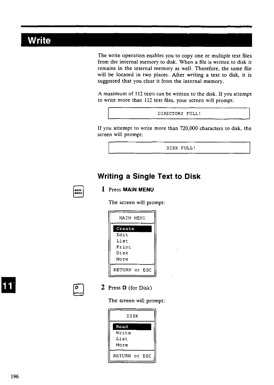 Write, Writing a single text to disk, Writing a single text to disk 1 | Panasonic KX-E4500 User Manual | Page 206 / 252