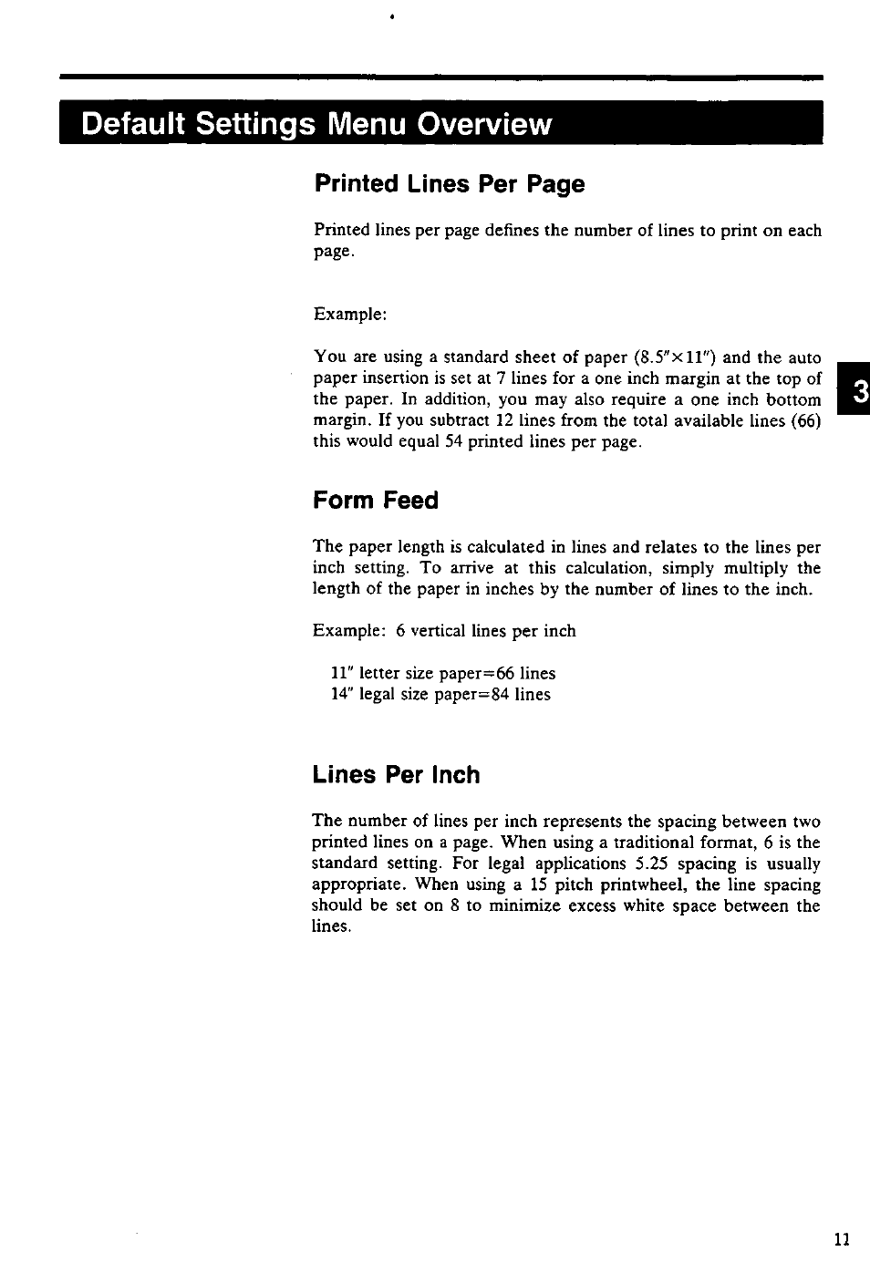 Default settings menu overview, Form feed, Lines per inch | Printed lines per page | Panasonic KX-E4500 User Manual | Page 21 / 252