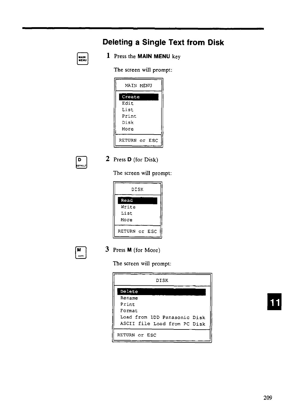 Deleting a single text from disk, Deleting a single text from disk 1 | Panasonic KX-E4500 User Manual | Page 219 / 252