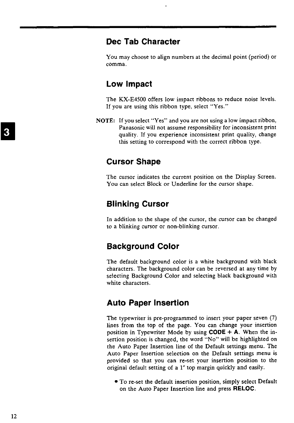 Dec tab character, Low impact, Cursor shape | Blinking cursor, Background color, Auto paper insertion | Panasonic KX-E4500 User Manual | Page 22 / 252