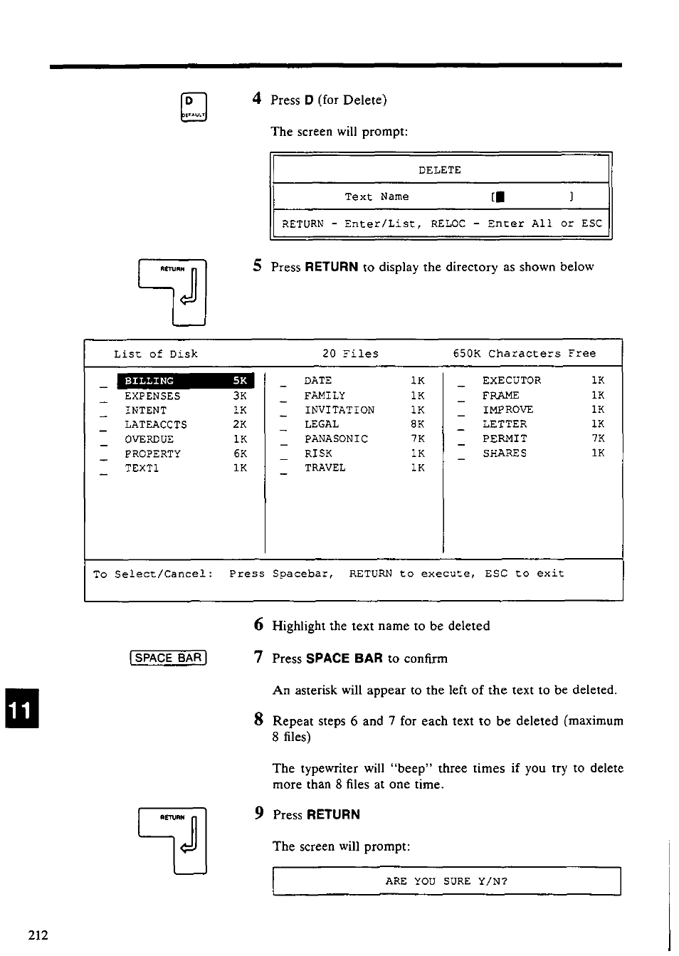 9 press return, Press, For delete) the screen will prompt | Highlight the text name to be deleted, The screen will prompt | Panasonic KX-E4500 User Manual | Page 222 / 252