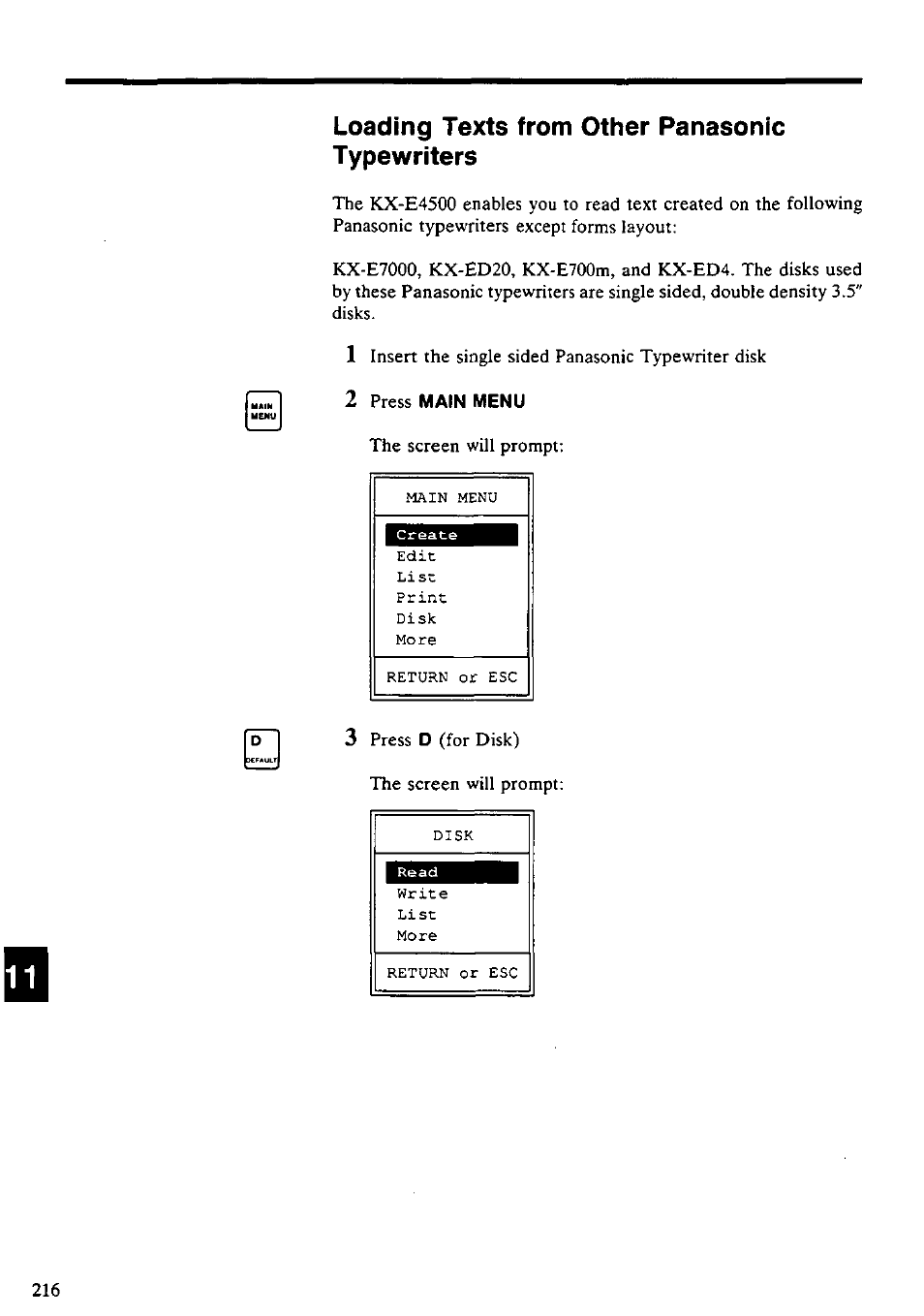 Loading texts from other panasonic typewriters | Panasonic KX-E4500 User Manual | Page 226 / 252