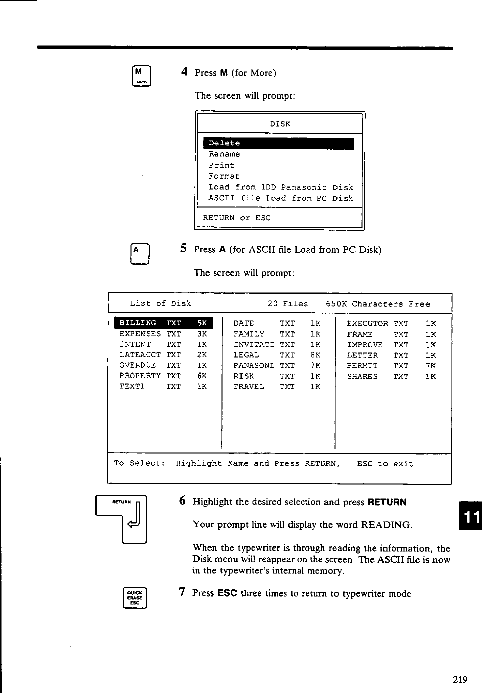 The screen will prompt, 5 press, Nn r ou»ck | Highlight the desired selection and press, Three times to return to typewriter mode | Panasonic KX-E4500 User Manual | Page 229 / 252