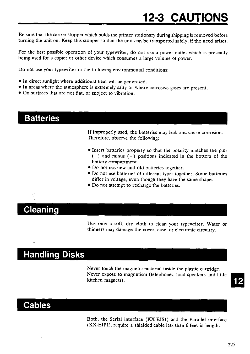 3 cautions, Batteries, Cleaning | Handling disks, Cables, 3. cautions, Batteries • cleaning • handling disks • cables, Batteries cleaning | Panasonic KX-E4500 User Manual | Page 235 / 252