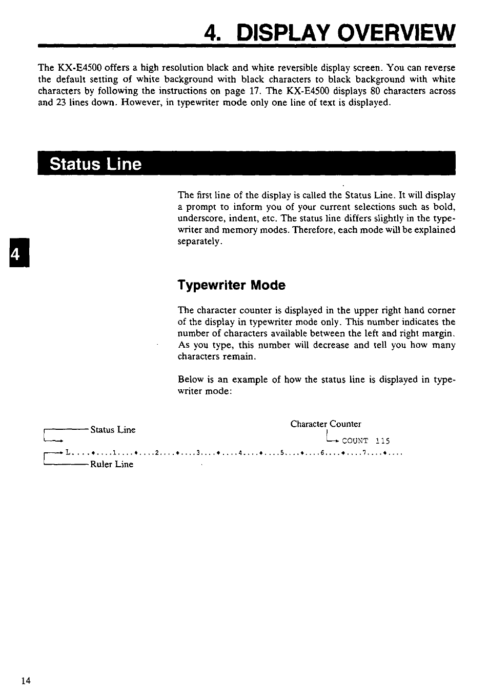 Display overview, Status line, Typewriter mode | Panasonic KX-E4500 User Manual | Page 24 / 252