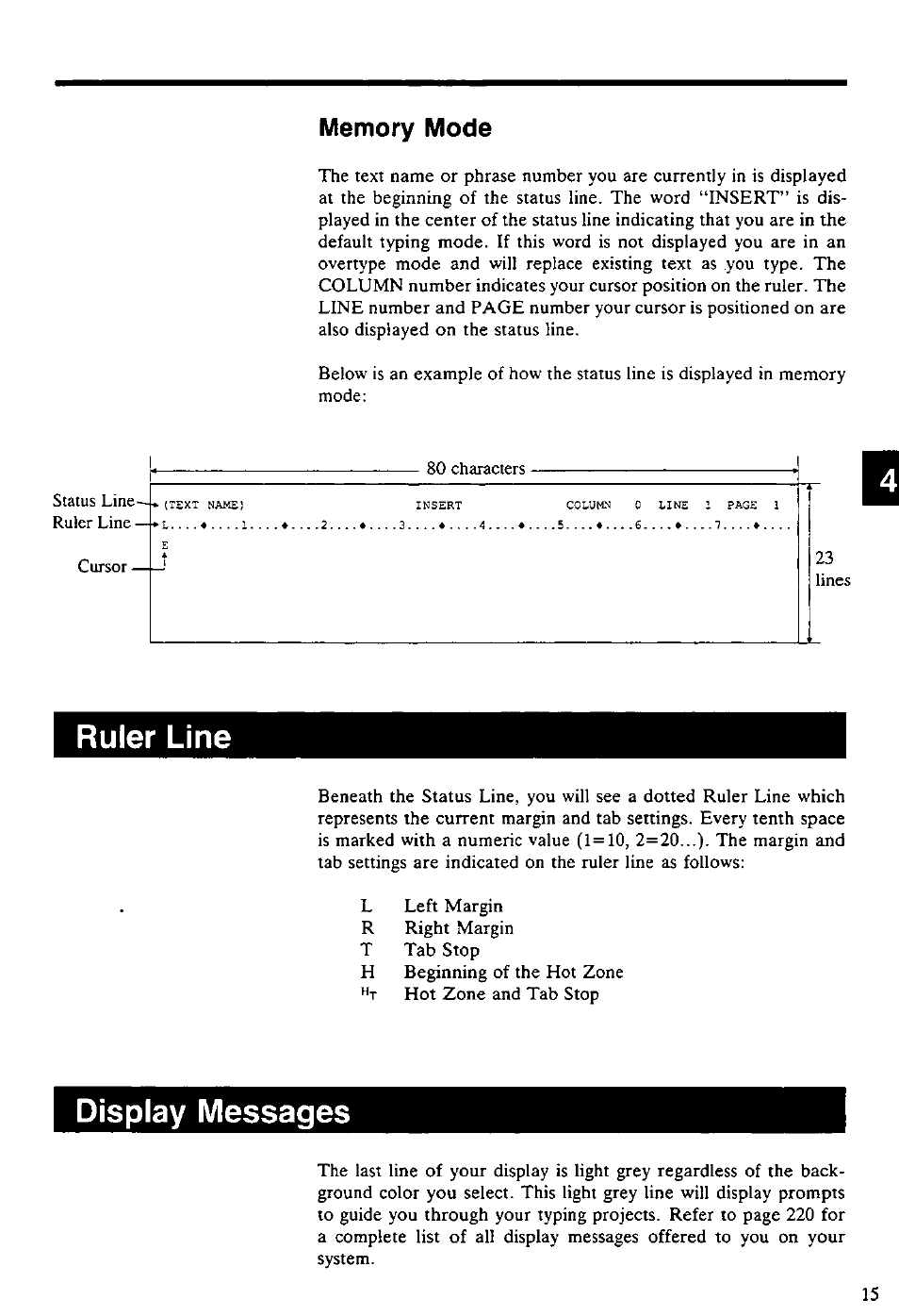 Ruler line, Memory mode, Display messages | Ruler line • display messages | Panasonic KX-E4500 User Manual | Page 25 / 252