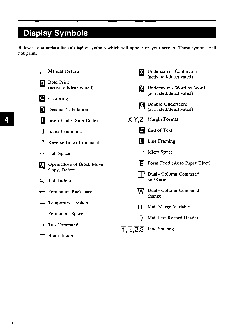 Display symbols, X,y,z | Panasonic KX-E4500 User Manual | Page 26 / 252