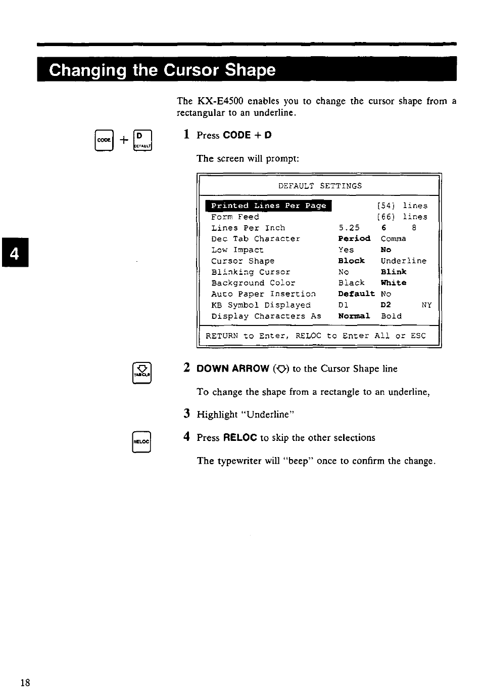 Changing the cursor shape | Panasonic KX-E4500 User Manual | Page 28 / 252