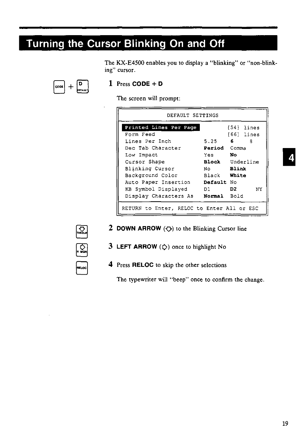 Turning the cursor blinking on and off | Panasonic KX-E4500 User Manual | Page 29 / 252