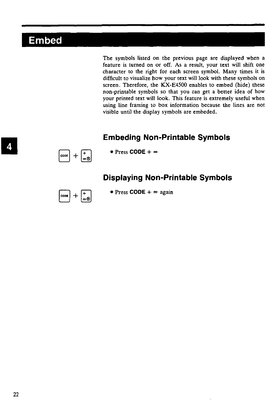 Embed, Embeding non-printable symbols, Displaying non-printable symbols | Panasonic KX-E4500 User Manual | Page 32 / 252