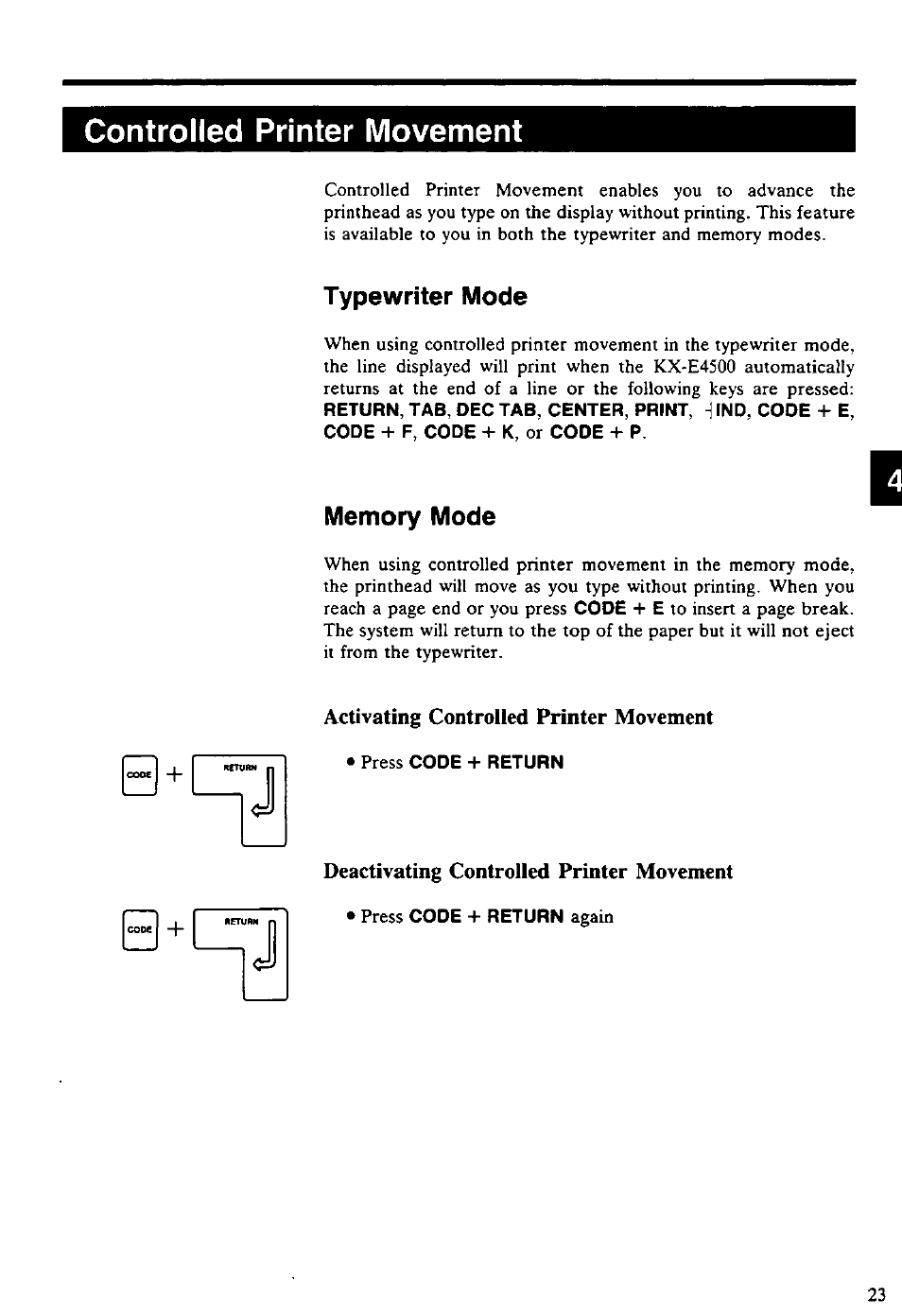 Controlled printer movement, Typewriter mode, Memory mode | Panasonic KX-E4500 User Manual | Page 33 / 252
